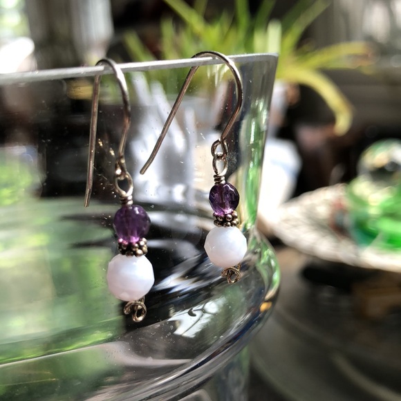 Faceted Blue Lace Agate & Amethyst earrings - Picture 2 of 5